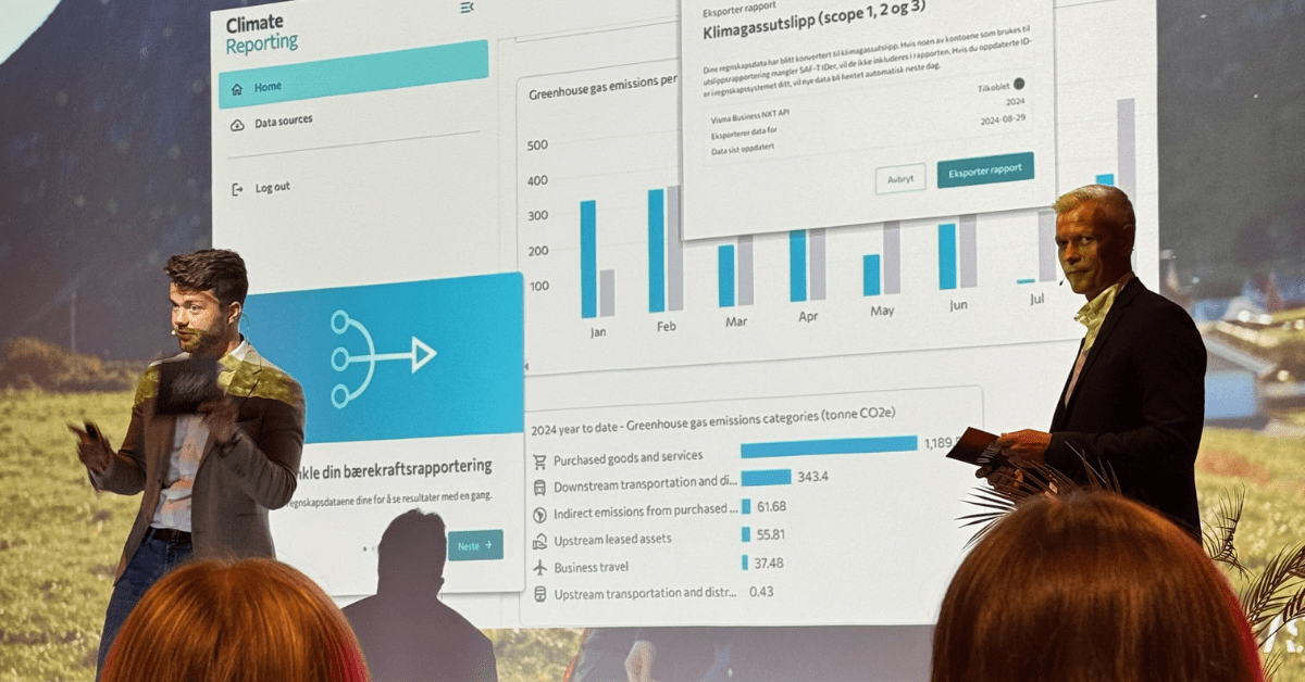 Isak Haugen from Visma Software and Pål Berntsen from Ducky will present the solution for simpler climate reporting, integrated with your ERP system, from the stages at Visma Tech Festival 2024.