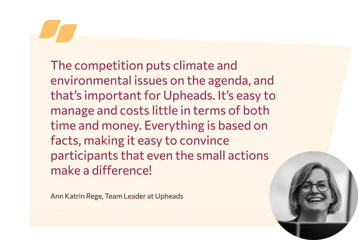 “The competition puts climate and environmental issues on the agenda, and that’s important for Upheads. It’s easy to manage and costs little in terms of both time and money. Everything is based on facts, making it easy to convince participants that even the small actions make a difference!” Says Ann Katrin Rege, Team Leader at Upheads