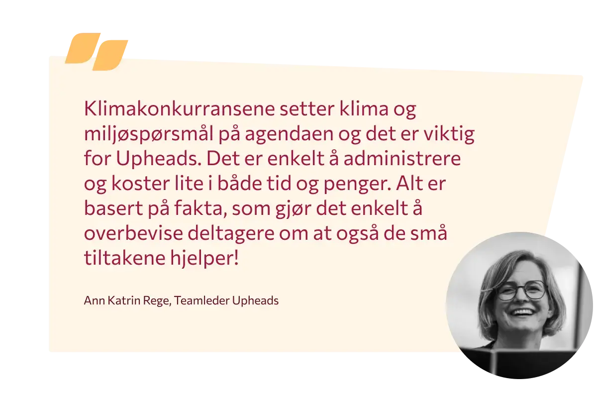 Teamleder i Upheads, Anne Katrin Rege sier: Klimakonkurransene setter klima og miljøspørsmål på agendaen og det er viktig for Upheads. Det er enkelt å administrere og koster lite i både tid og penger. Alt er basert på fakta, som gjør det enkelt å overbevise deltagere om at også de små tiltakene hjelper! 