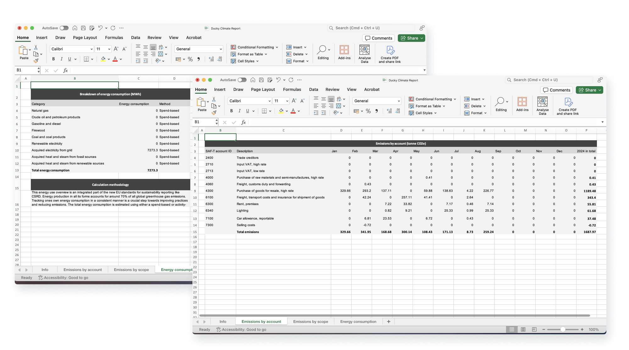 En ferdig GHG klimarapport i scope 1,2,3. Vist i Excel format  